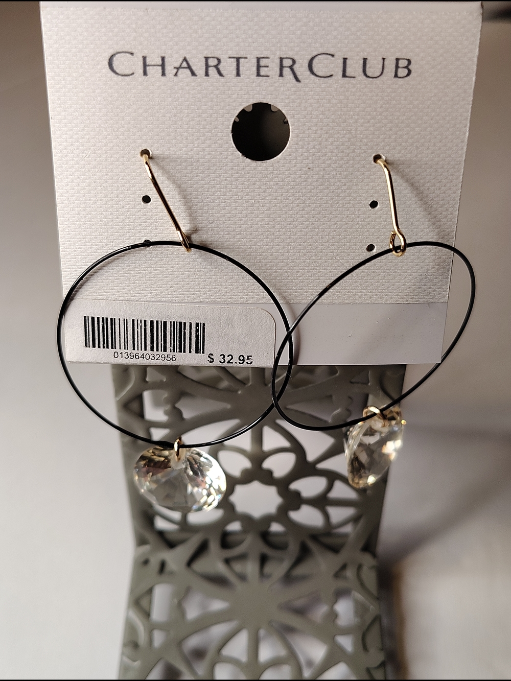 Charter Club Black Hoop Earrings with Clear Crystal Drops and Gold Hooks